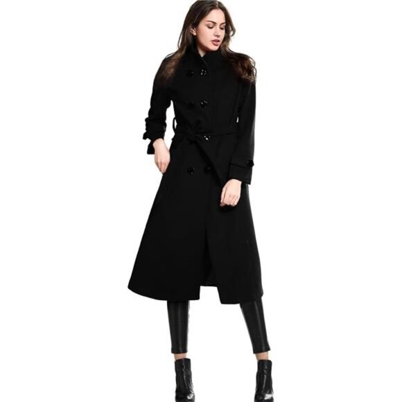 Women's Wool Trench Coat Winter Double-Breasted Jacket with Belts - Picture 3 of 9